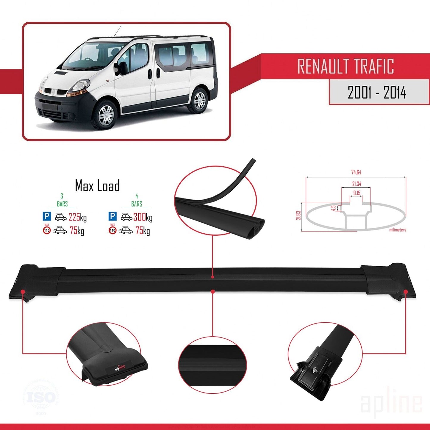 Compatible avec Renault Trafic 2 (X83) 2001-2014 FLY Model Barres de Toit Railing Porte-Bagages de Voiture Noir Aluminium 4 Barres