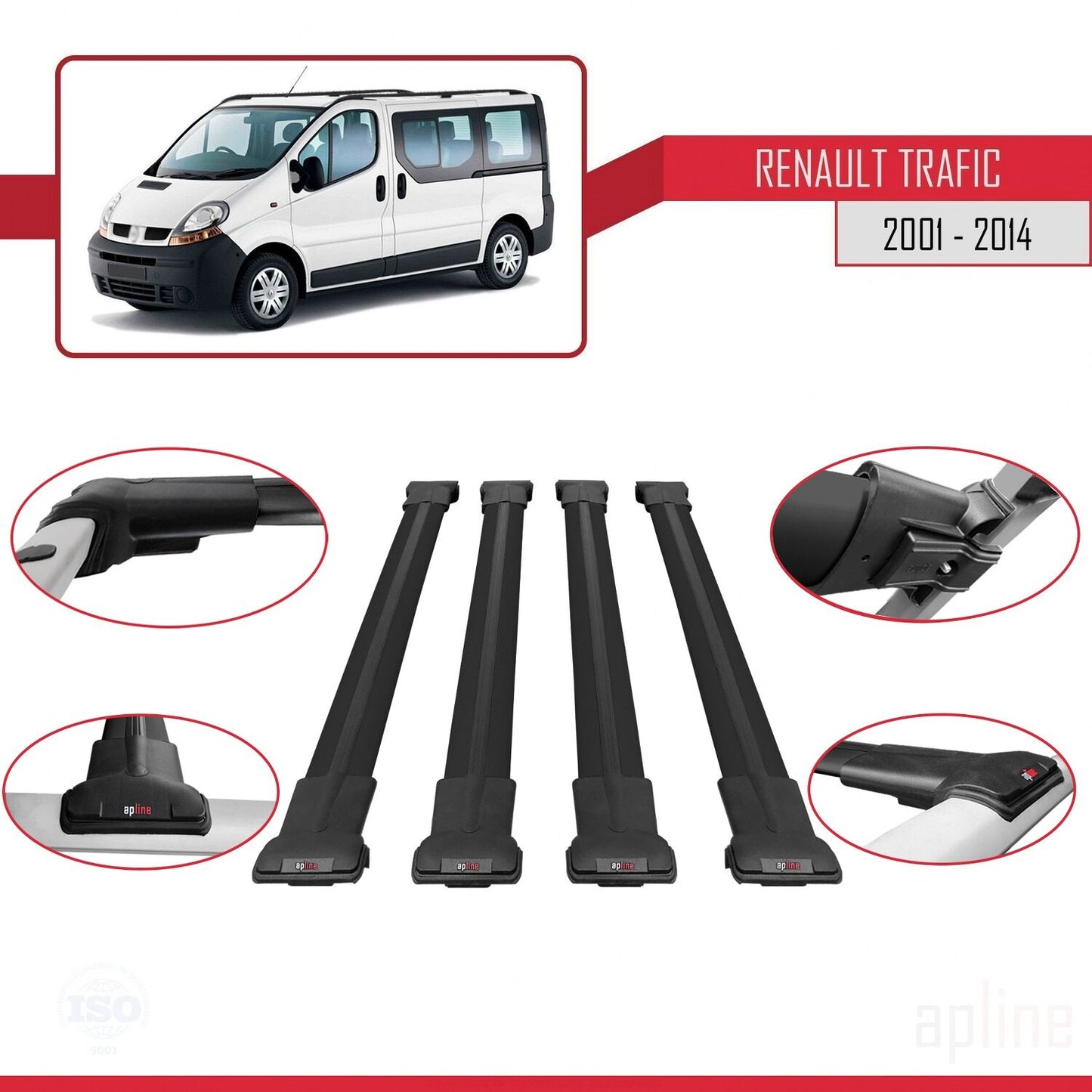 Compatible avec Renault Trafic 2 (X83) 2001-2014 FLY Model Barres de Toit Railing Porte-Bagages de Voiture Noir Aluminium 4 Barres