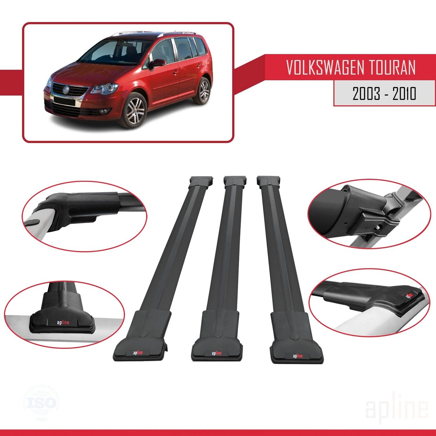 Compatible avec Volkswagen Touran (1T) Pre-Facelift 2003-2010 FLY Model Barres de Toit Railing Porte-Bagages de Voiture Noir Aluminium 3 Barres