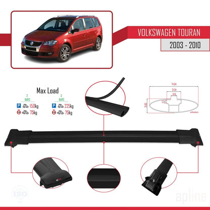 Compatible avec Volkswagen Touran (1T) Pre-Facelift 2003-2010 FLY Model Barres de Toit Railing Porte-Bagages de Voiture Noir Aluminium 2 Barres