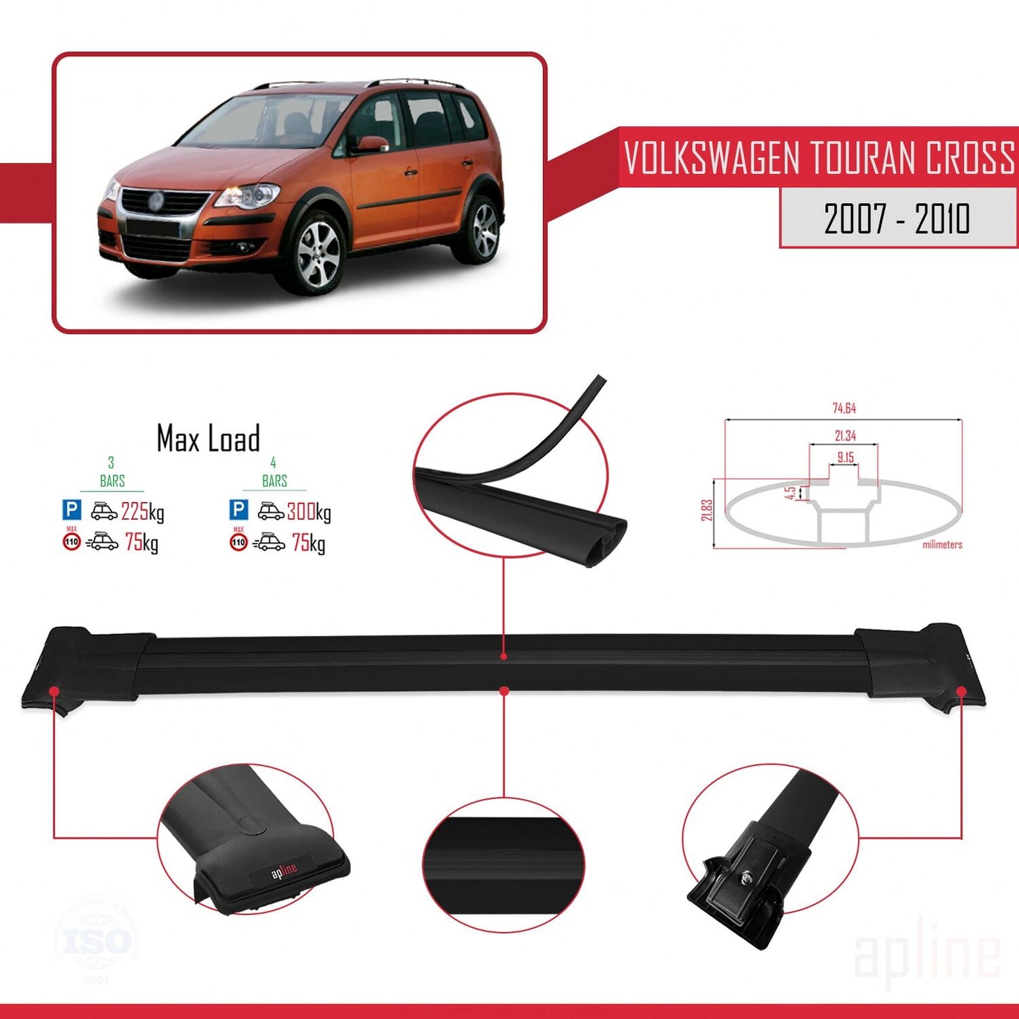 Compatible avec Volkswagen Touran Cross Pre-Facelift 2007-2010 FLY Model Barres de Toit Railing Porte-Bagages de Voiture Noir Aluminium 3 Barres