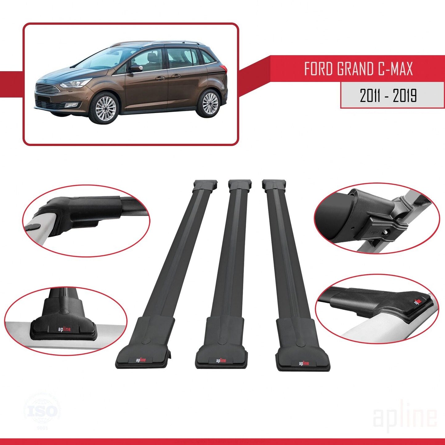 Compatible avec Ford Grand C-Max (C344) 2011-2019 FLY Model Barres de Toit Railing Porte-Bagages de Voiture Noir Aluminium 3 Barres