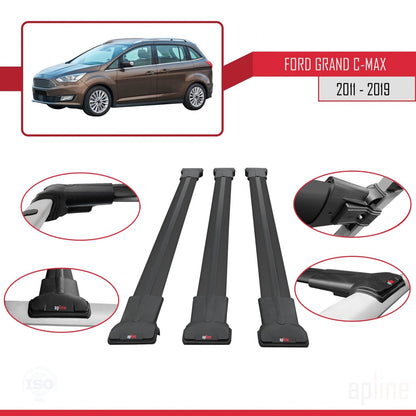 Compatible avec Ford Grand C-Max (C344) 2011-2019 FLY Model Barres de Toit Railing Porte-Bagages de Voiture Noir Aluminium 3 Barres