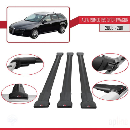 Compatible avec Alfa Romeo 159 (T939) Break 2006-2011 FLY Model Barres de Toit Railing Porte-Bagages de Voiture Noir Aluminium 3 Barres