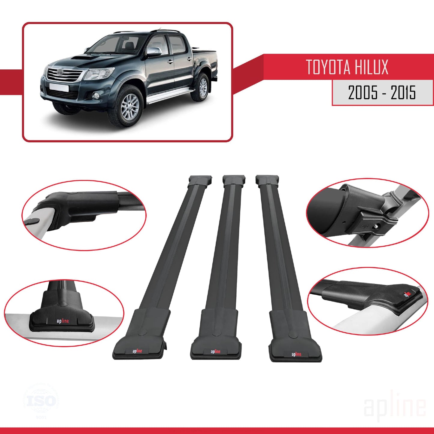Compatible avec Toyota Hilux 7 (AN30) 2005-2015 FLY Model Barres de Toit Railing Porte-Bagages de Voiture Noir Aluminium 3 Barres