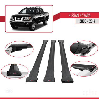 Compatible avec Nissan Navara 3 (D40) 2005-2014 FLY Model Barres de Toit Railing Porte-Bagages de Voiture Noir Aluminium 3 Barres
