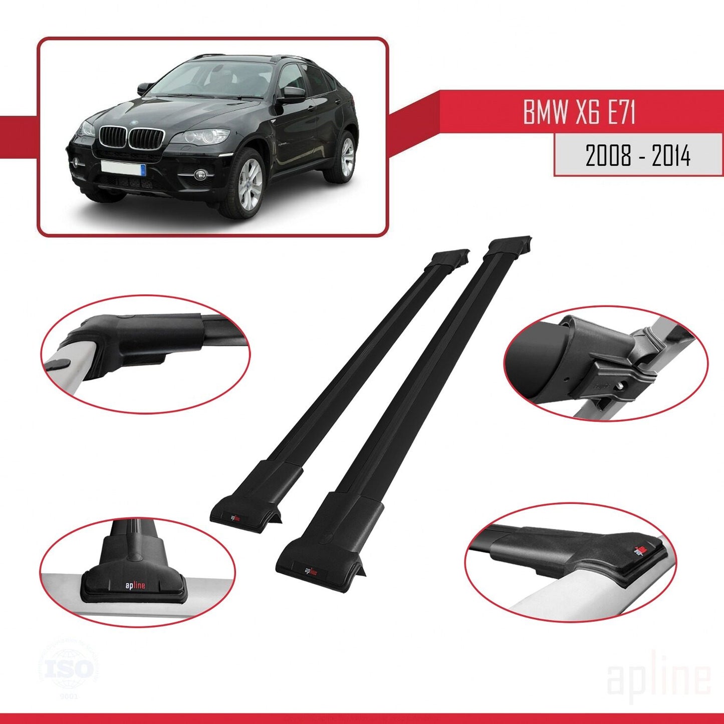 Compatible avec BMW X6 (E71) 2008-2014 FLY Model Barres de Toit Railing Porte-Bagages de Voiture Noir Aluminium 2 Barres