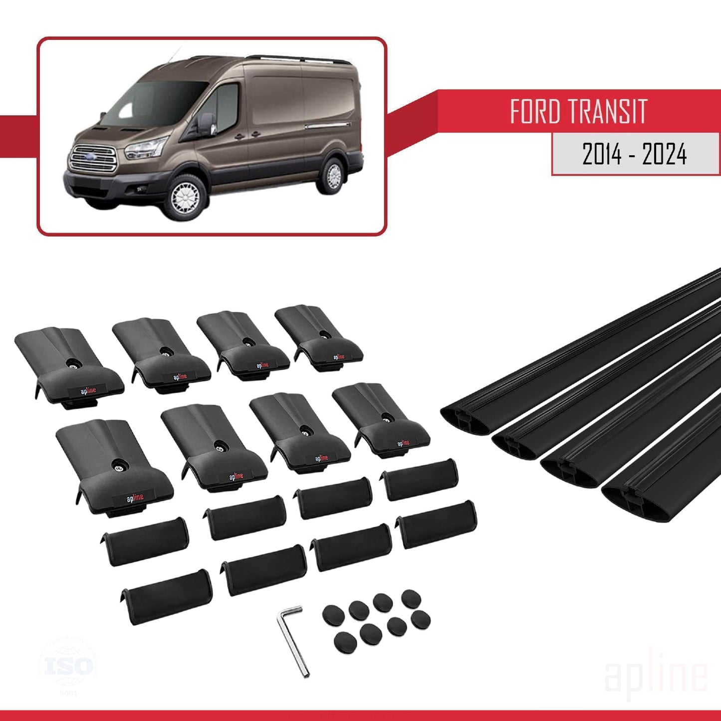 Compatible avec Ford Transit 2014-2025 FLY Model Barres de Toit Railing Porte-Bagages de Voiture Noir Aluminium 4 Barres