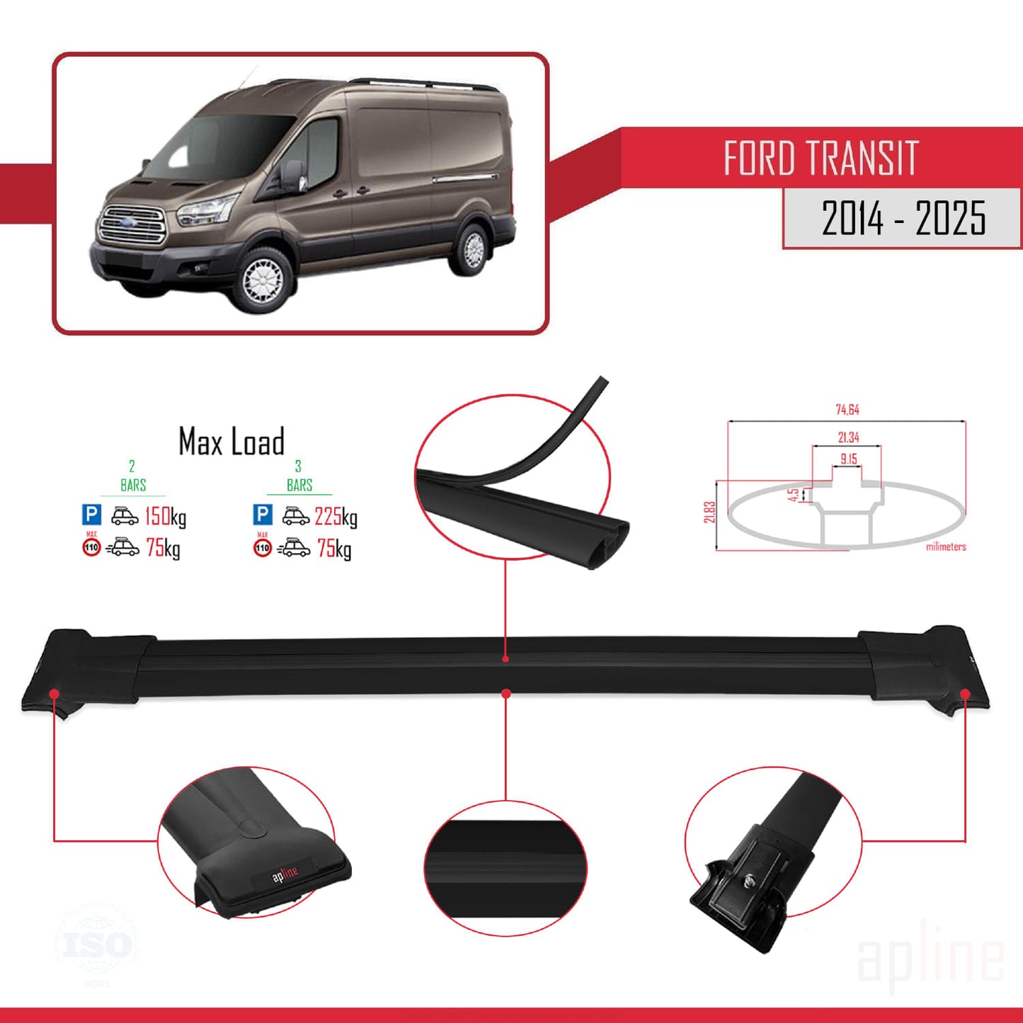 Compatible avec Ford Transit 2014-2025 FLY Model Barres de Toit Railing Porte-Bagages de Voiture Noir Aluminium 2 Barres