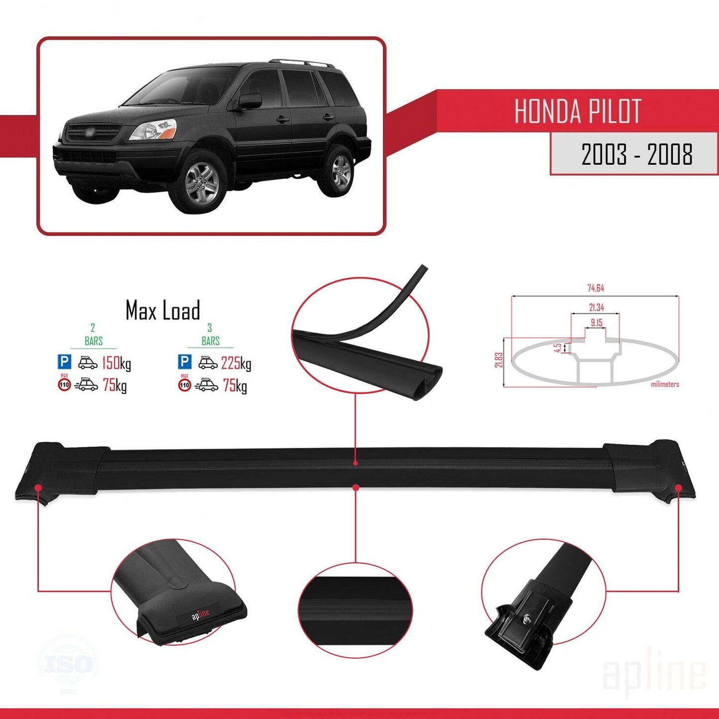 Compatible with Honda Pilot 2003-2008 FLY Model Car Roof Rack Cross Bar Black Aluminium 2 Bars