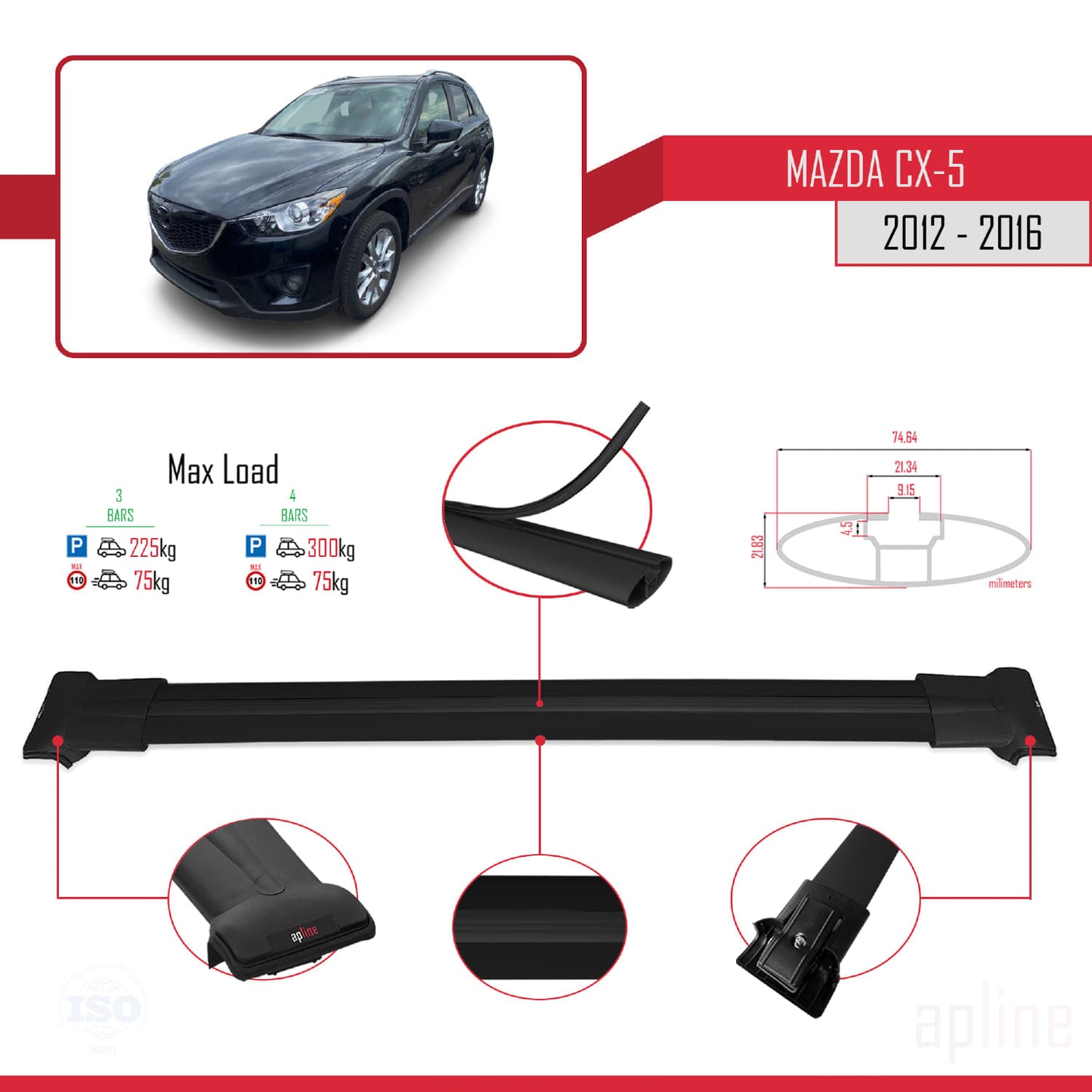 Compatible with Mazda CX-5 I (KE) 2012-2016 FLY Model Car Roof Rack Cross Bar Black Aluminium 3 Bars