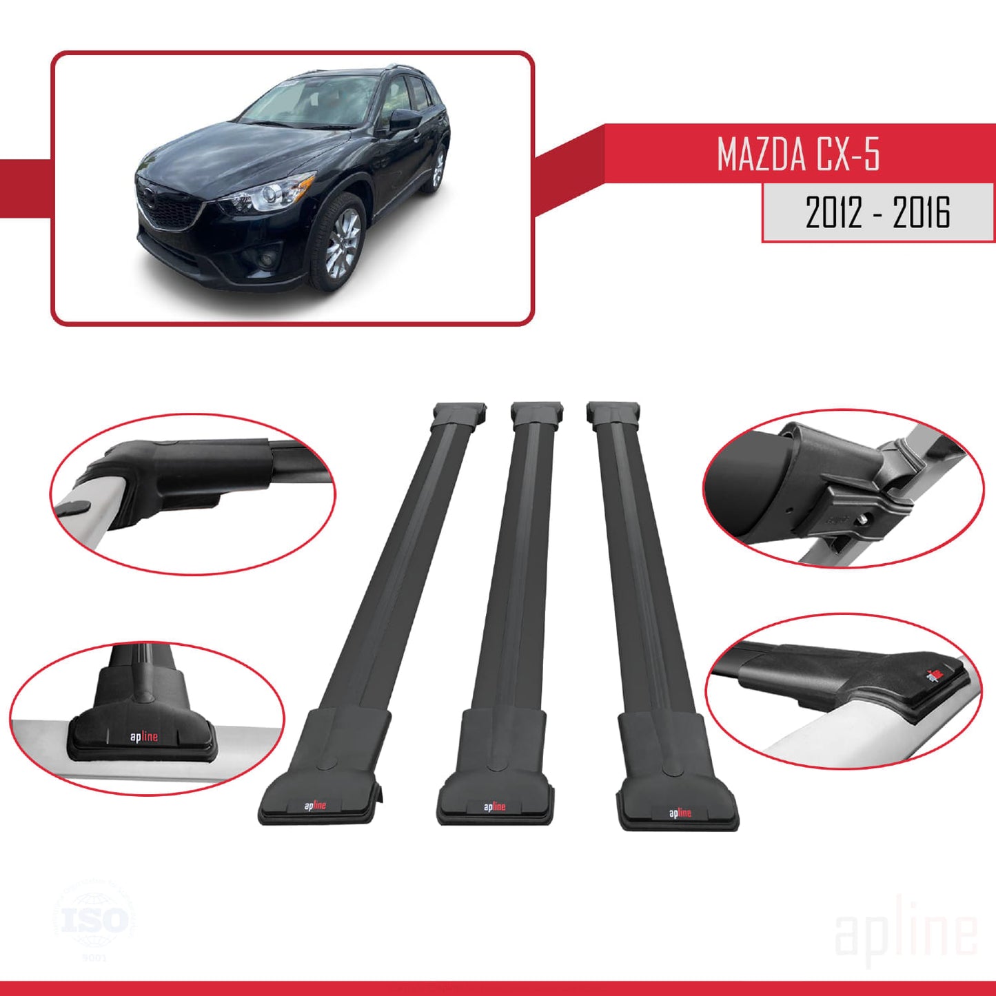 Compatible with Mazda CX-5 I (KE) 2012-2016 FLY Model Car Roof Rack Cross Bar Black Aluminium 3 Bars