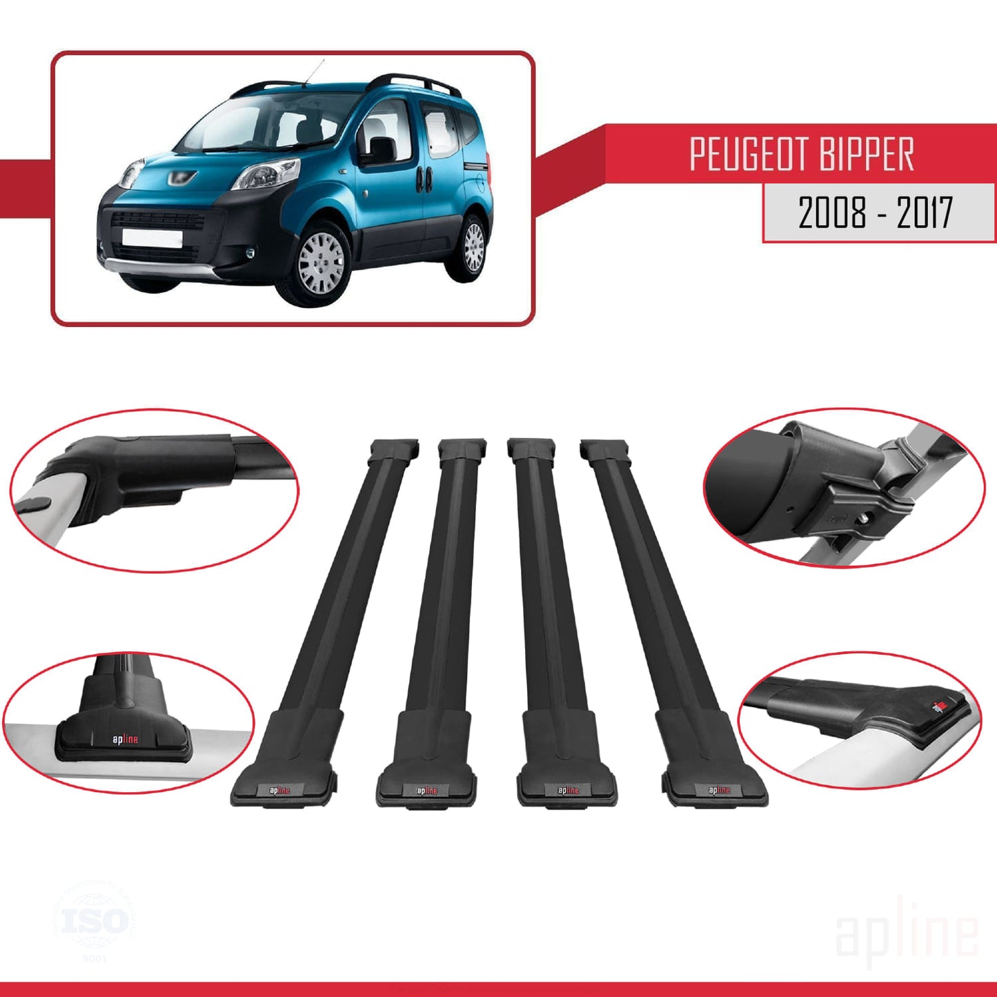 FLY Model Dakdrager bagagedrager compatibel met Peugeot Bipper 2008-2017 Spoorstaven Zwart Aluminium 4 Staven