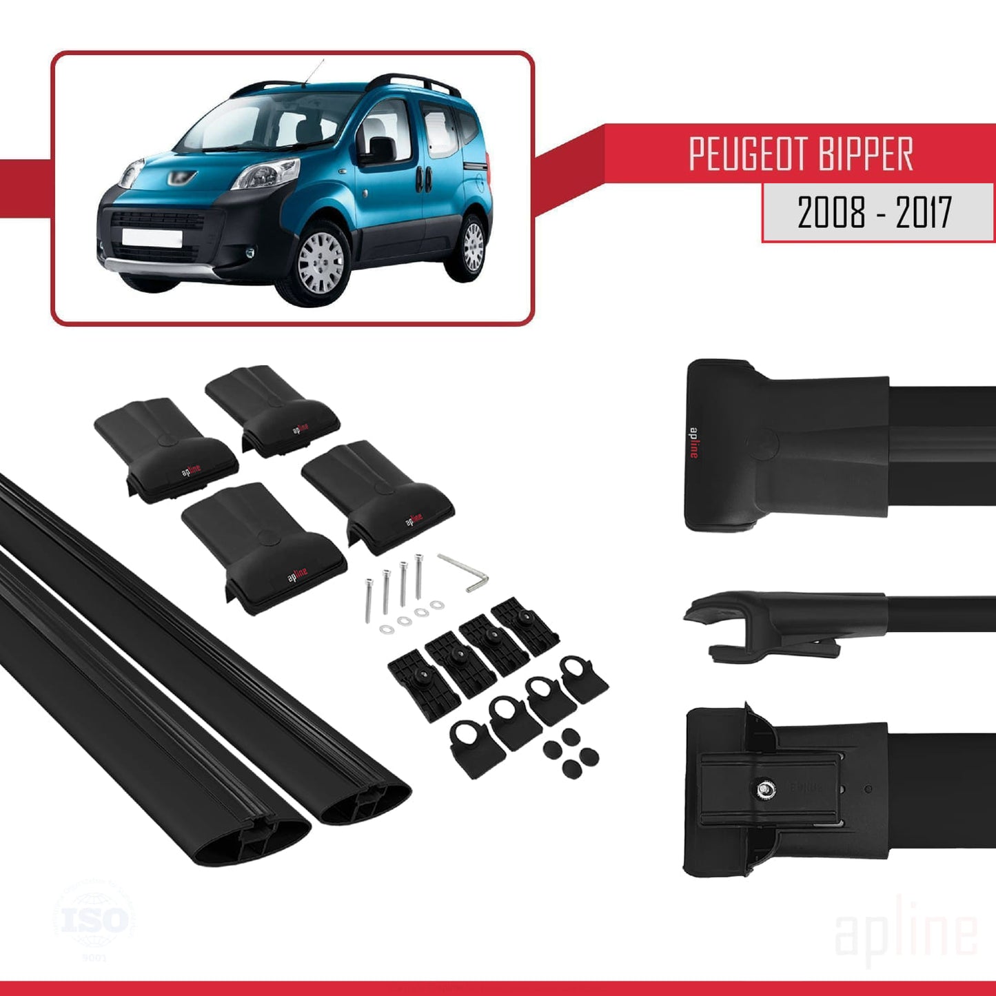 Compatible with Peugeot Bipper 2008-2017 FLY Model Car Roof Rack Cross Bar Black Aluminium 2 Bars