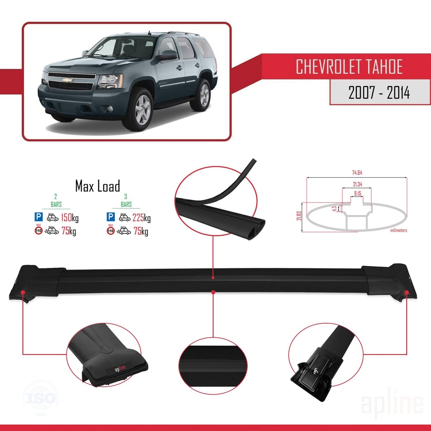 Compatible avec Chevrolet Tahoe 3 2007-2014 FLY Model Barres de Toit Railing Porte-Bagages de Voiture Noir Aluminium 2 Barres