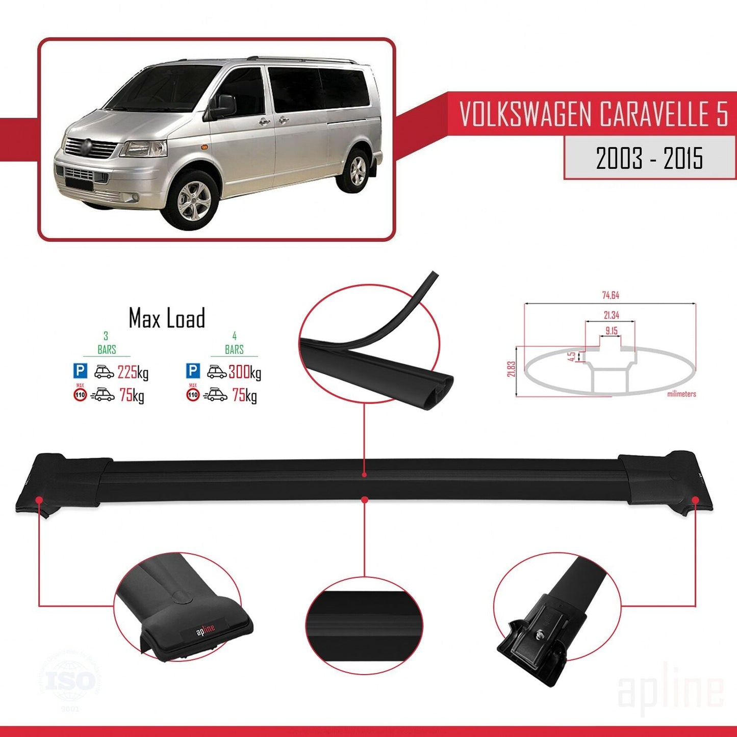 Compatible avec Volkswagen T5 Caravelle 2003-2015 FLY Model Barres de Toit Railing Porte-Bagages de Voiture Noir Aluminium 4 Barres