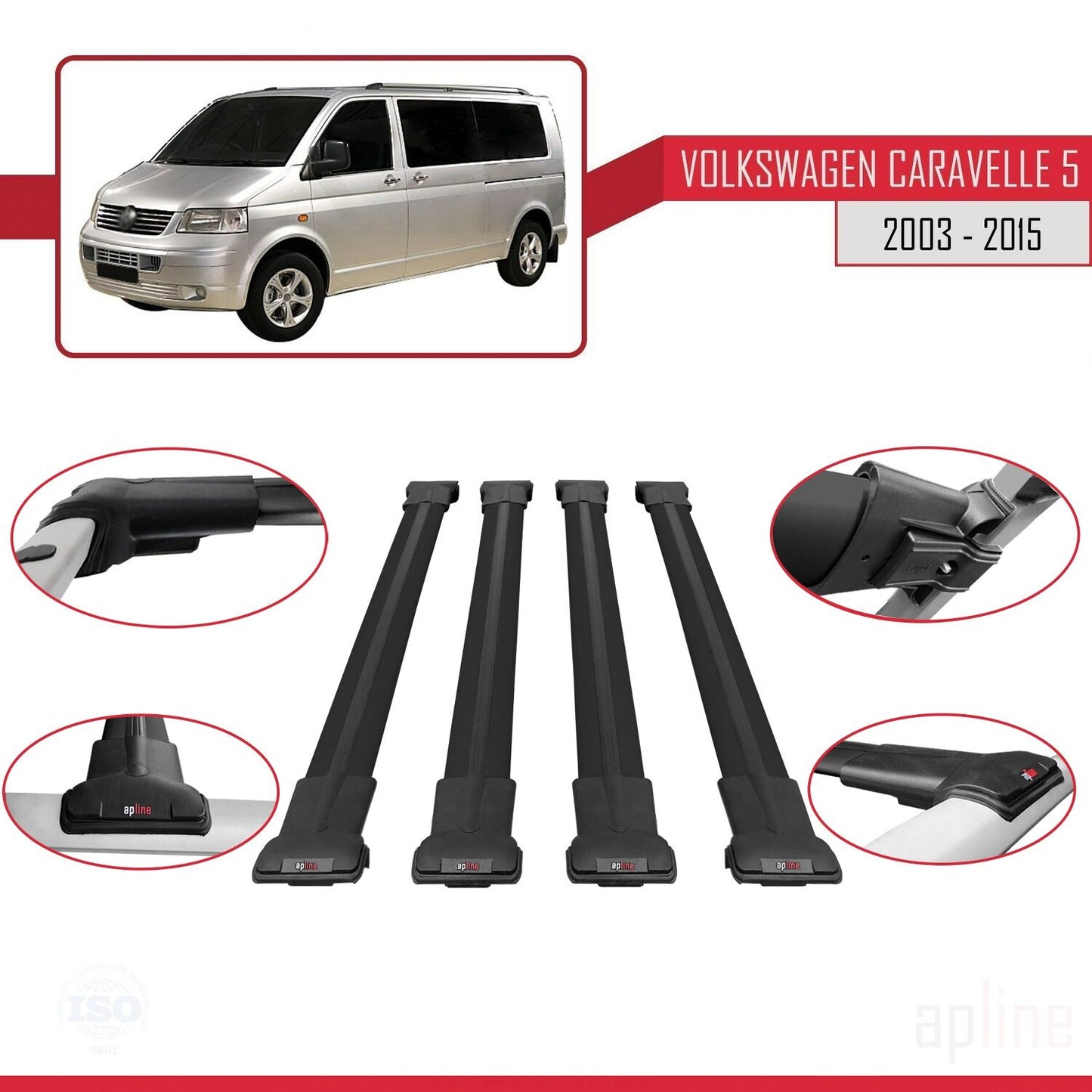 Compatible avec Volkswagen T5 Caravelle 2003-2015 FLY Model Barres de Toit Railing Porte-Bagages de Voiture Noir Aluminium 4 Barres
