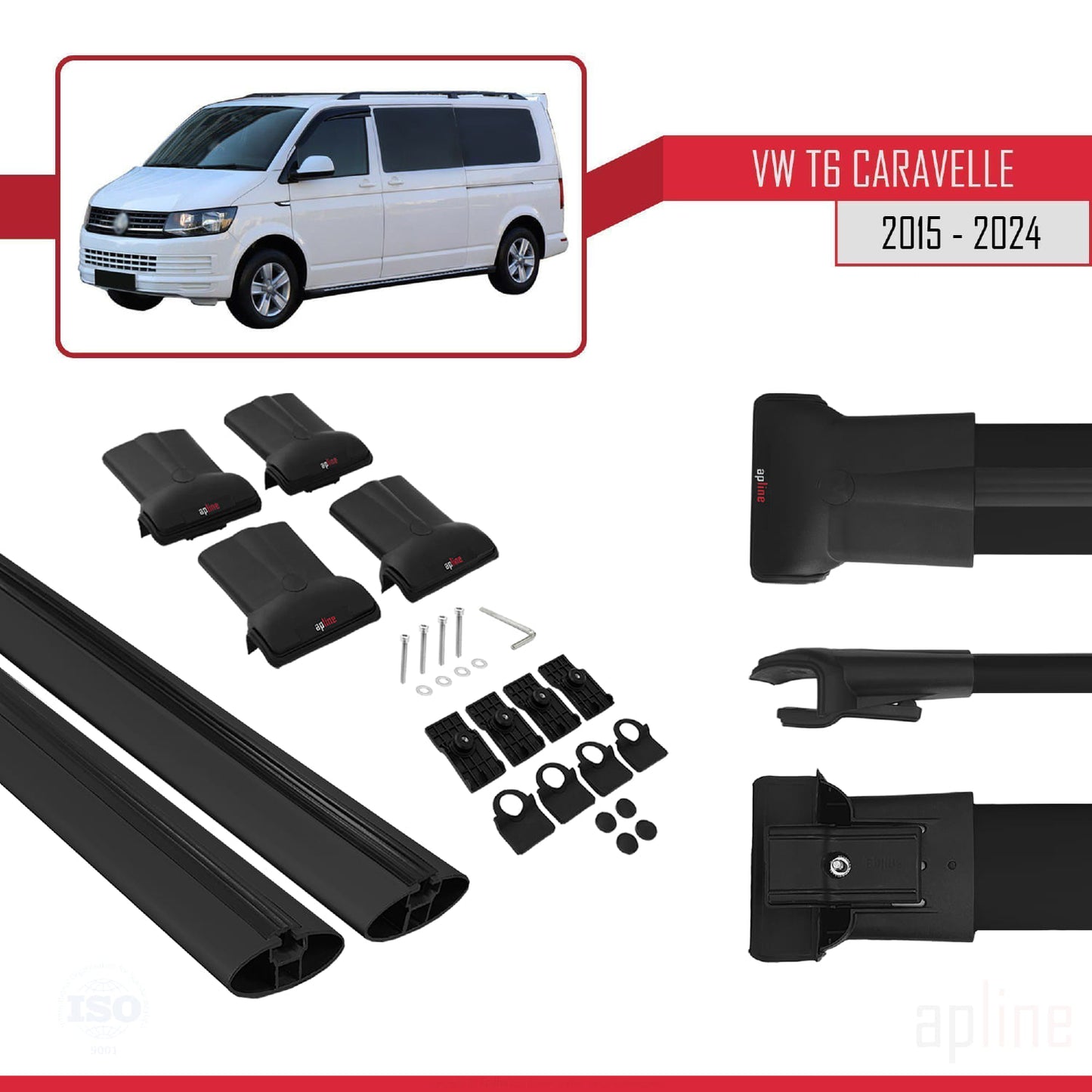 Compatible avec Volkswagen T6 Caravelle 2015-2024 FLY Model Barres de Toit Railing Porte-Bagages de Voiture Noir Aluminium 2 Barres