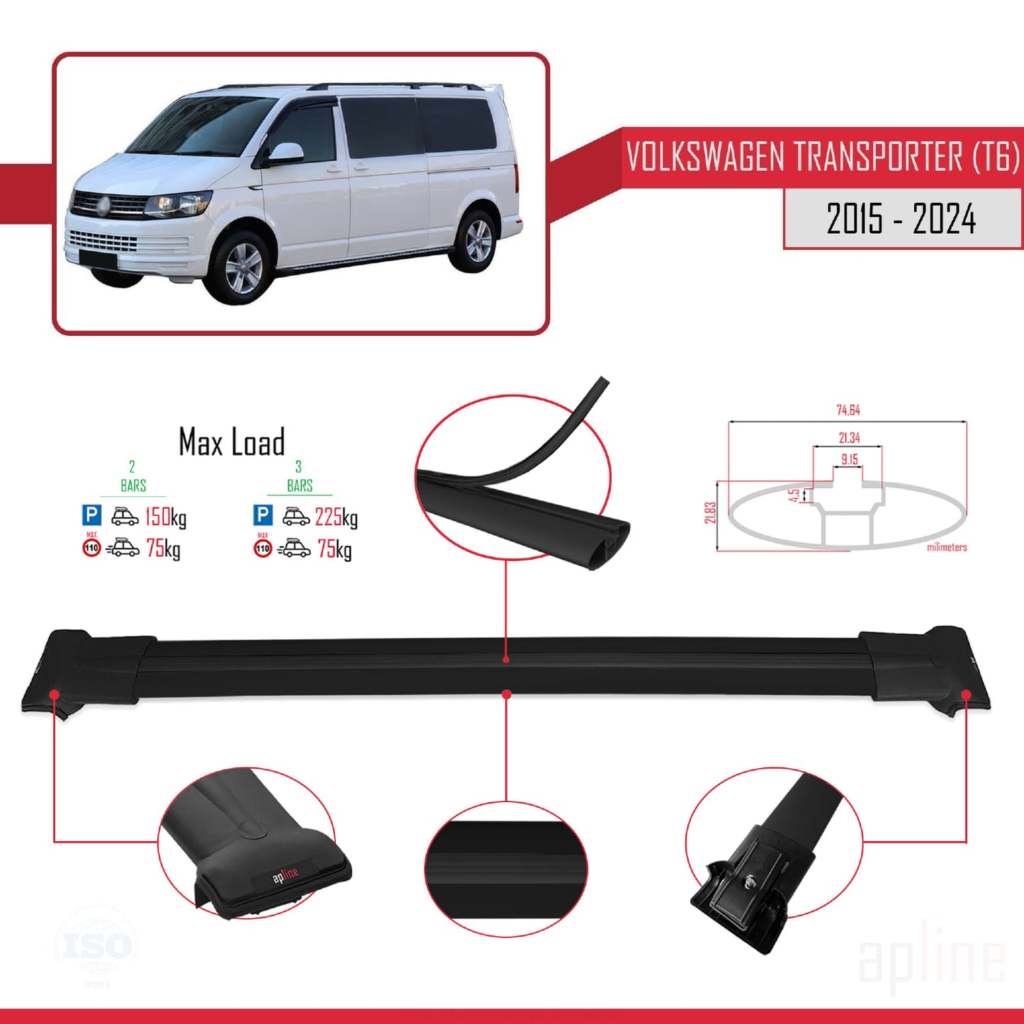 Compatible avec Volkswagen T6 Transporter 2015-2024 FLY Model Barres de Toit Railing Porte-Bagages de Voiture Noir Aluminium 2 Barres