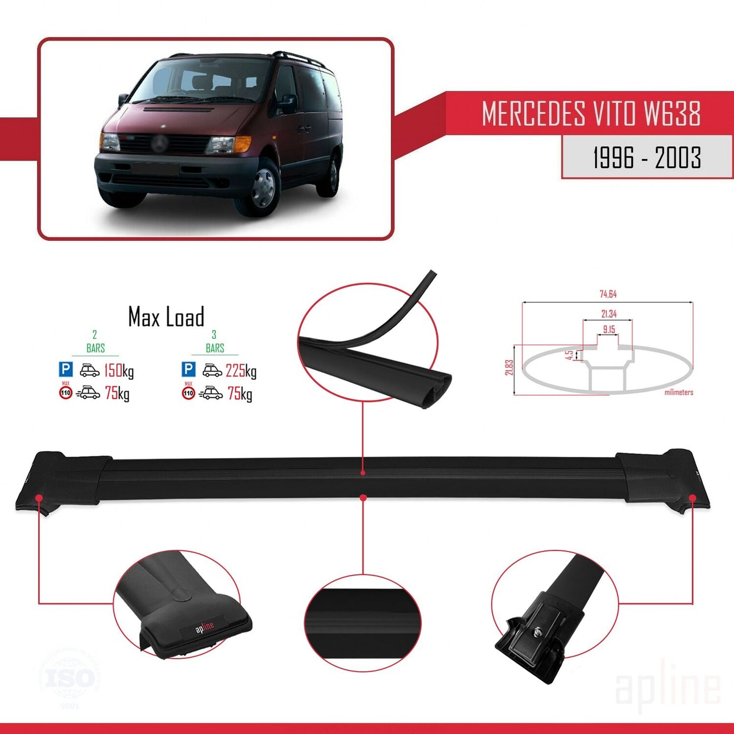 Compatible with Mercedes Vito (W638) 1996-2003 FLY Model Car Roof Rack Cross Bar Black Aluminium 2 Bars