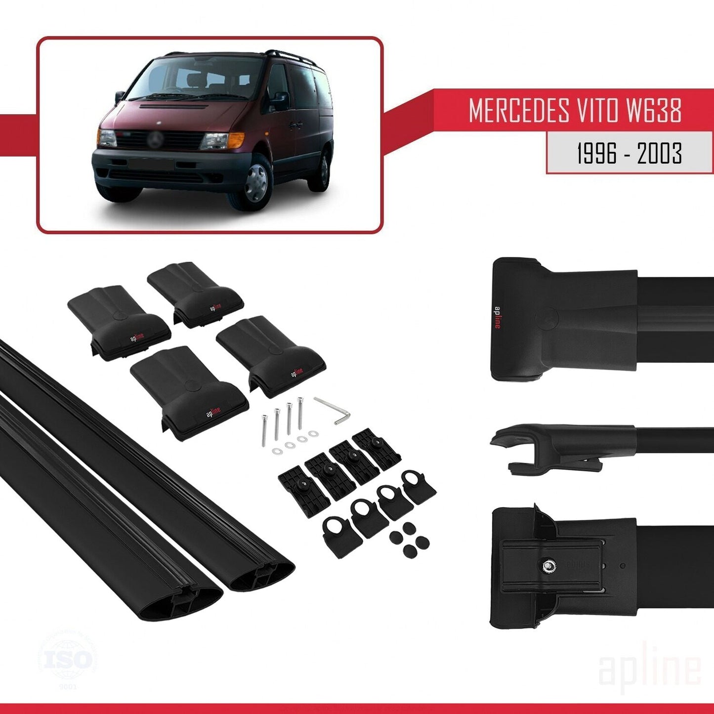 Compatible with Mercedes Vito (W638) 1996-2003 FLY Model Car Roof Rack Cross Bar Black Aluminium 2 Bars