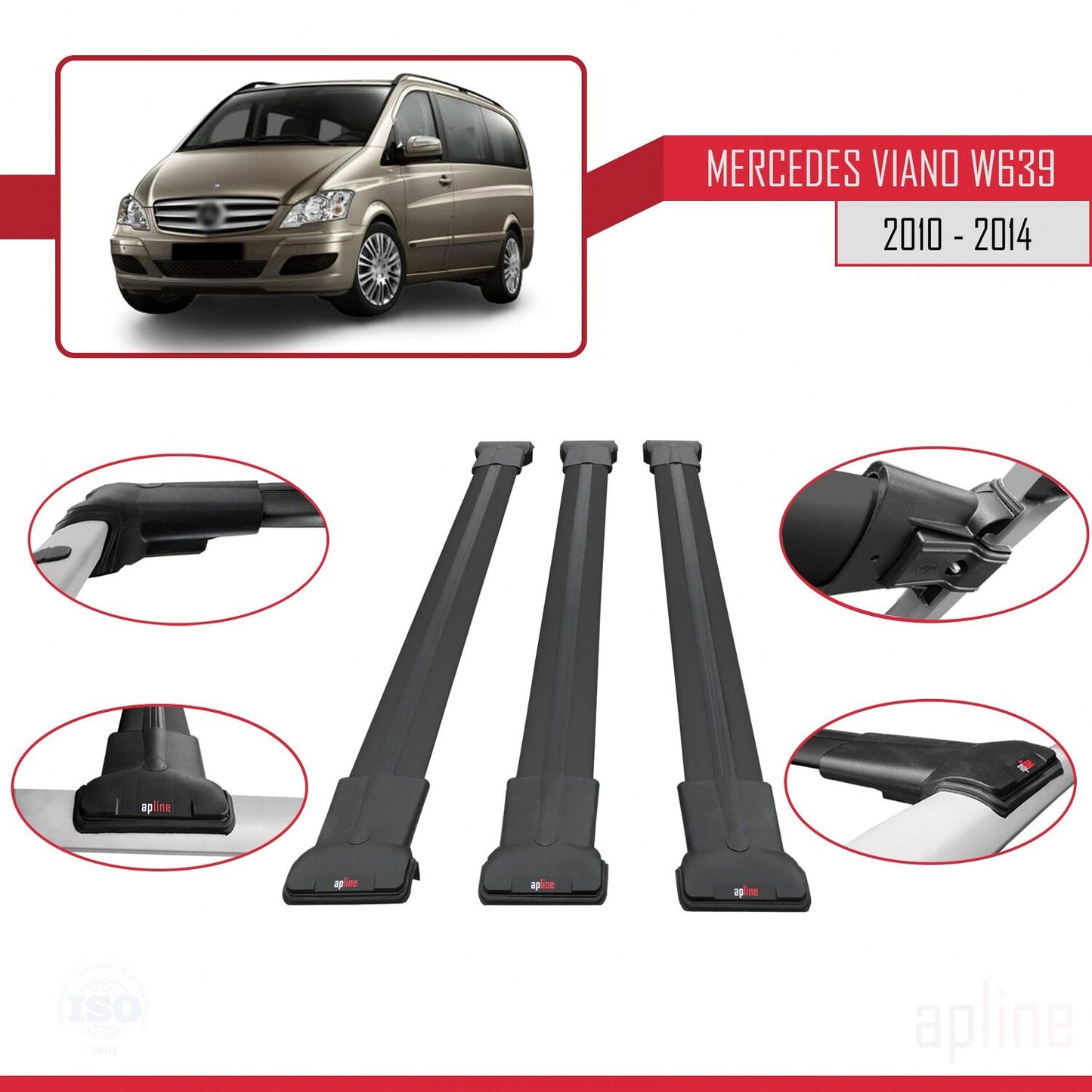 Compatible avec Mercedes Viano 2 (W639) Post-Facelift 2010-2014 FLY Model Barres de Toit Railing Porte-Bagages de Voiture Noir Aluminium 3 Barres