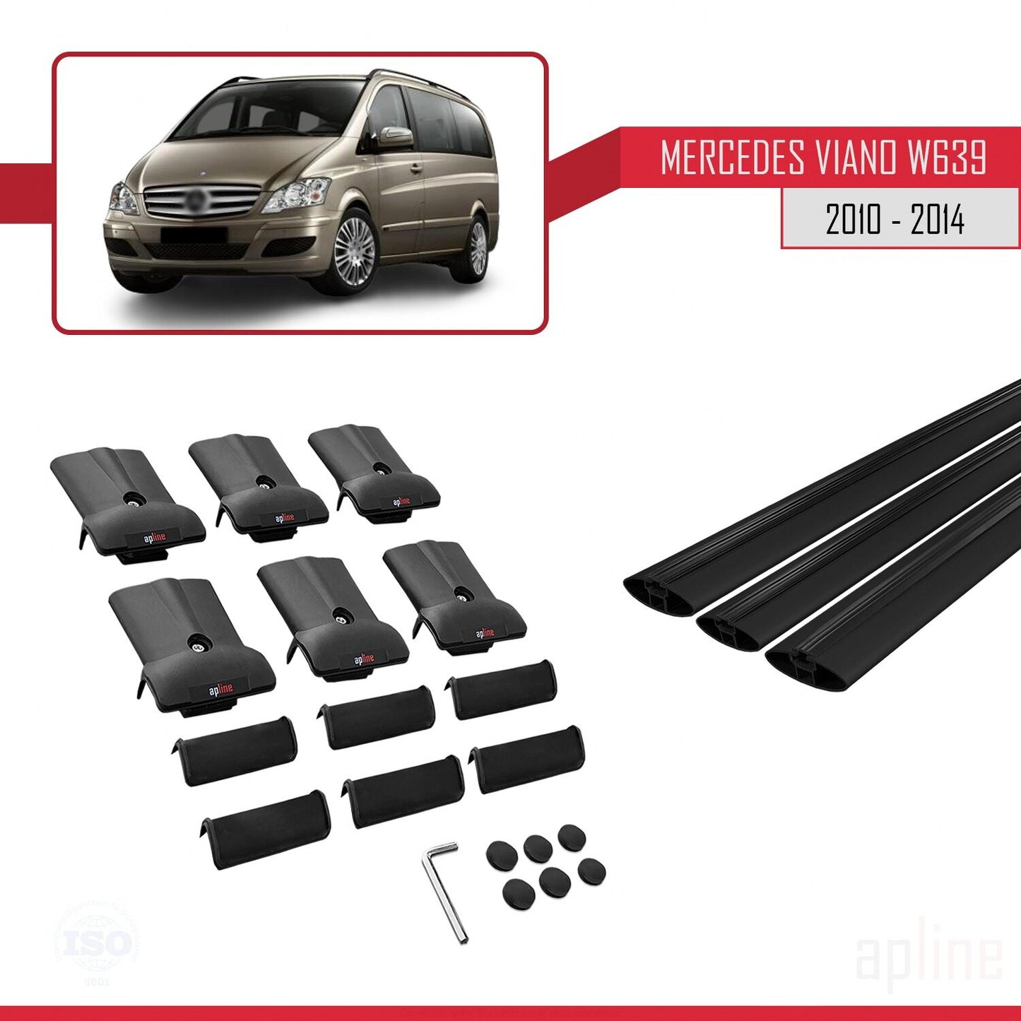 Compatible avec Mercedes Viano 2 (W639) Post-Facelift 2010-2014 FLY Model Barres de Toit Railing Porte-Bagages de Voiture Noir Aluminium 3 Barres