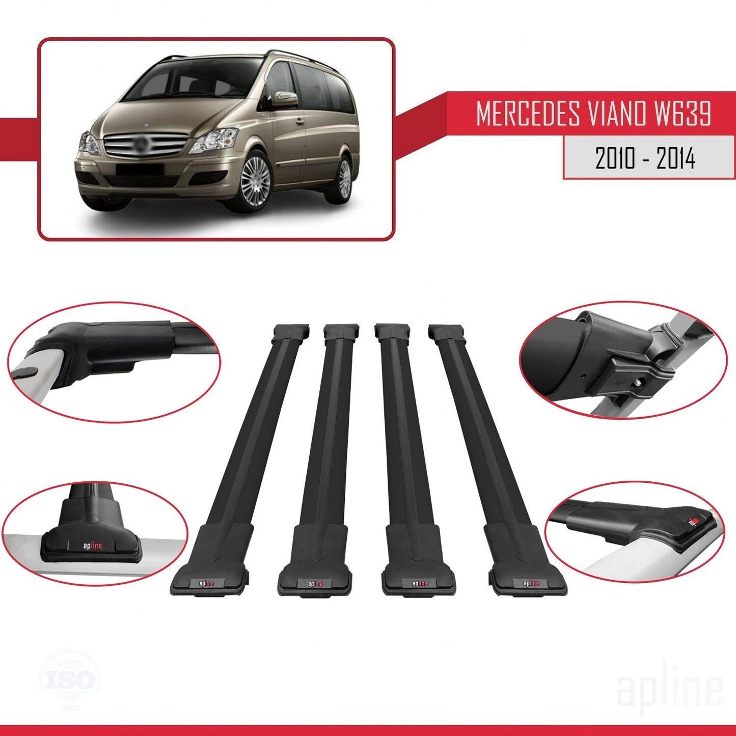 Compatible with Mercedes Viano 2 (W639) Post-Facelift 2010-2014 FLY Model Car Roof Rack Cross Bar Black Aluminium 4 Bars