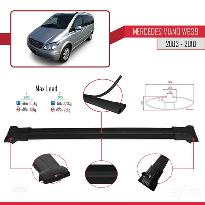 Compatible with Mercedes Viano 2 (W639) Pre-Facelift 2003-2010 FLY Model Car Roof Rack Cross Bar Black Aluminium 2 Bars