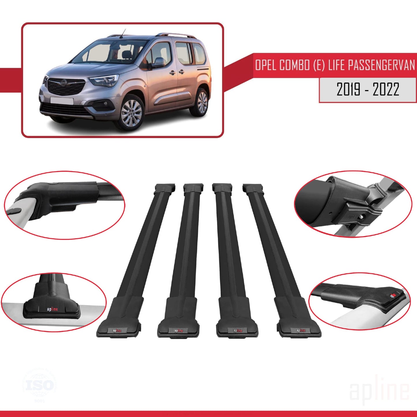 Compatible with Opel Combo E Cargo 2019-2022 FLY Model Car Roof Rack Cross Bar Black Aluminium 4 Bars