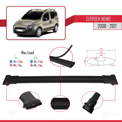 Compatible avec Citroen Nemo 3 (225) 2008-2017 FLY Model Barres de Toit Railing Porte-Bagages de Voiture Noir Aluminium 2 Barres