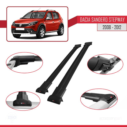 Compatible avec Dacia Sandero Stepway 2008-2012 FLY Model Barres de Toit Railing Porte-Bagages de Voiture Noir Aluminium 2 Barres