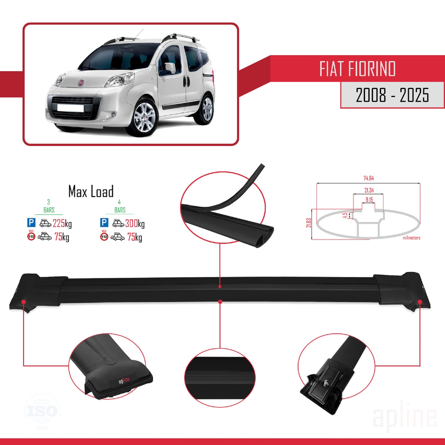Compatible avec Fiat Fiorino 3 2008-2025 FLY Model Barres de Toit Railing Porte-Bagages de Voiture Noir Aluminium 3 Barres