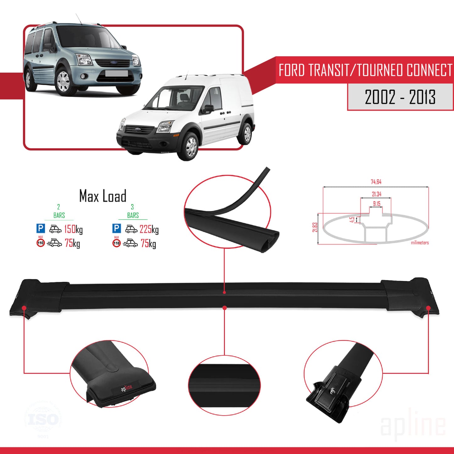 Compatible avec Ford Transit/Tourneo Connect 2002-2013 FLY Model Barres de Toit Railing Porte-Bagages de Voiture Noir Aluminium 2 Barres