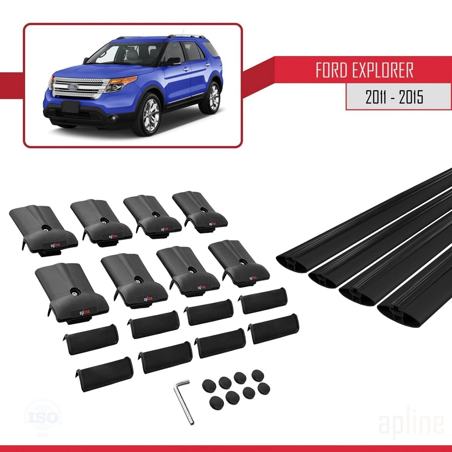 Compatible avec Ford Explorer 5 (U502) Pre-Facelift 2011-2015 FLY Model Barres de Toit Railing Porte-Bagages de Voiture Noir Aluminium 4 Barres