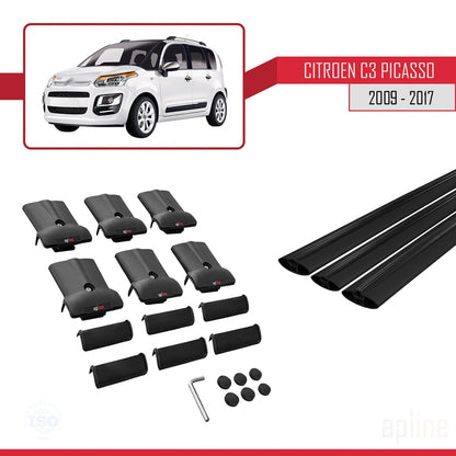 Compatible avec Citroen C3 Picasso 2009-2017 FLY Model Barres de Toit Railing Porte-Bagages de Voiture Noir Aluminium 3 Barres