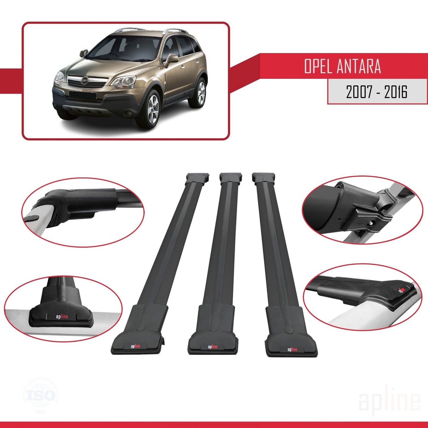 Compatible avec Opel Antara 2007-2016 FLY Model Barres de Toit Railing Porte-Bagages de Voiture Noir Aluminium 3 Barres