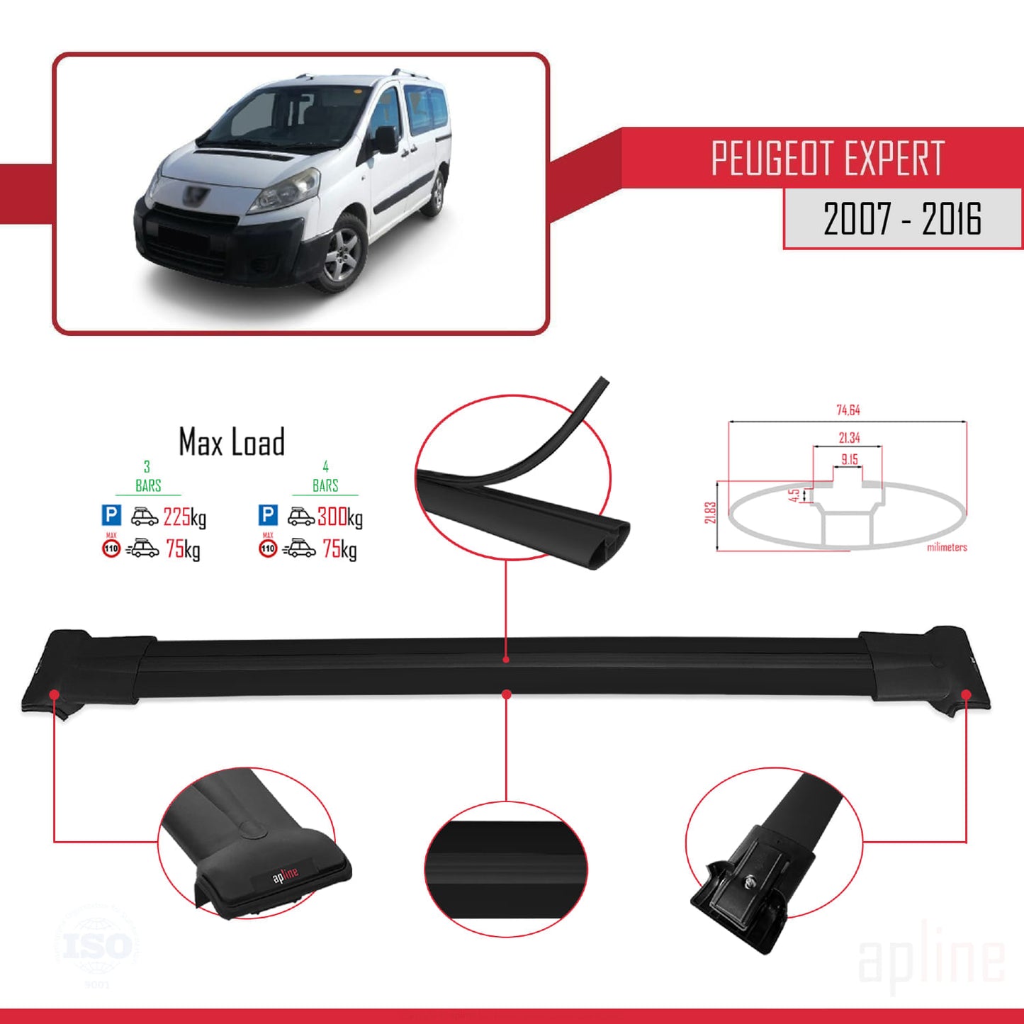 Compatible with Peugeot Expert 2 2007-2016 FLY Model Car Roof Rack Cross Bar Black Aluminium 4 Bars