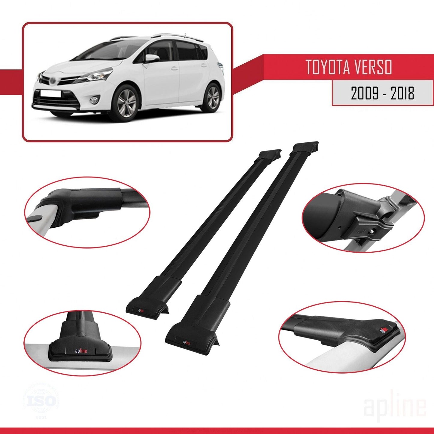 Compatible avec Toyota Verso (AR20) 2009-2018 FLY Model Barres de Toit Railing Porte-Bagages de Voiture Noir Aluminium 2 Barres