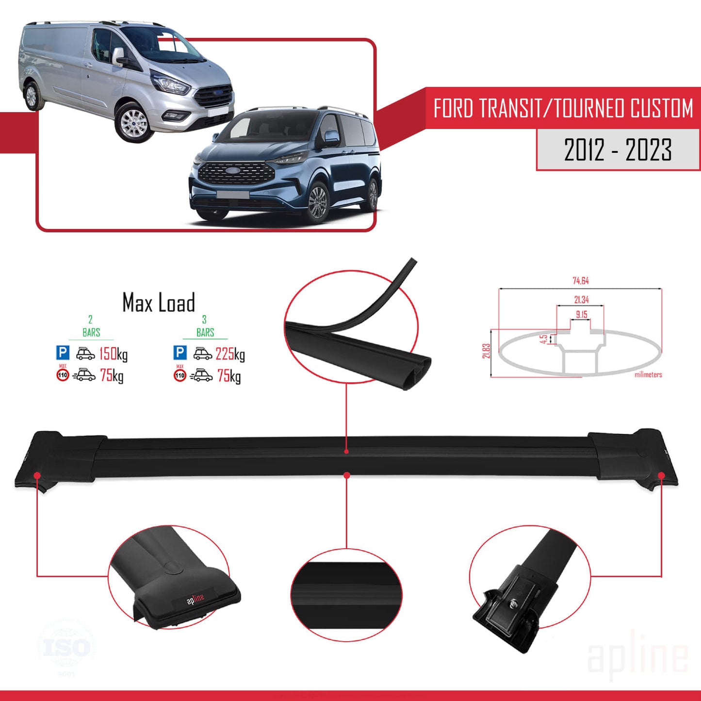 Compatible with Ford Transit/Tourneo Custom 2012-2023 FLY Model Car Roof Rack Cross Bar Black Aluminium 2 Bars