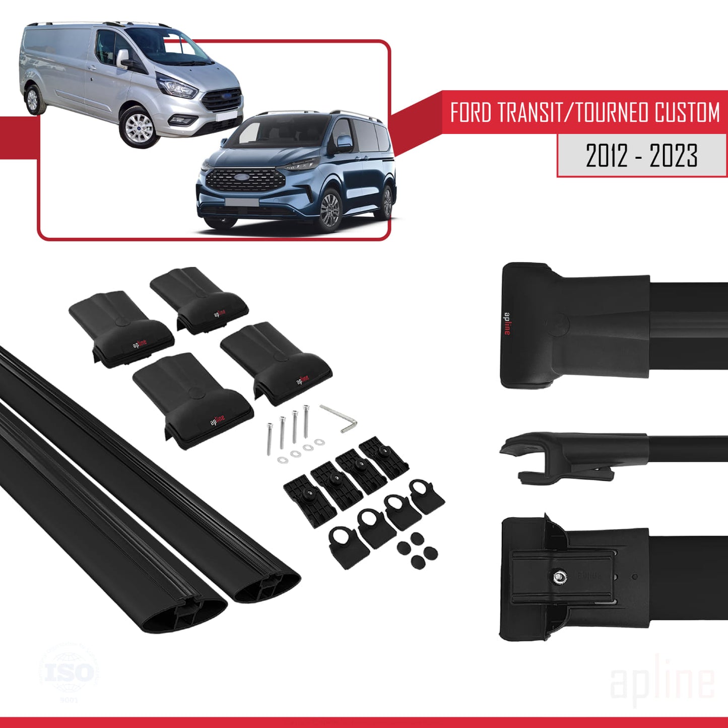 Compatible with Ford Transit/Tourneo Custom 2012-2023 FLY Model Car Roof Rack Cross Bar Black Aluminium 2 Bars