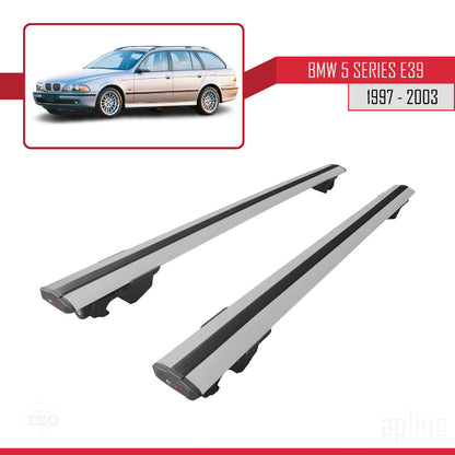Compatible with BMW 5 Series (E39) Touring 1997-2003 HOOK Model Car Roof Rack Cross Bar Grey Aluminium 2 Bars