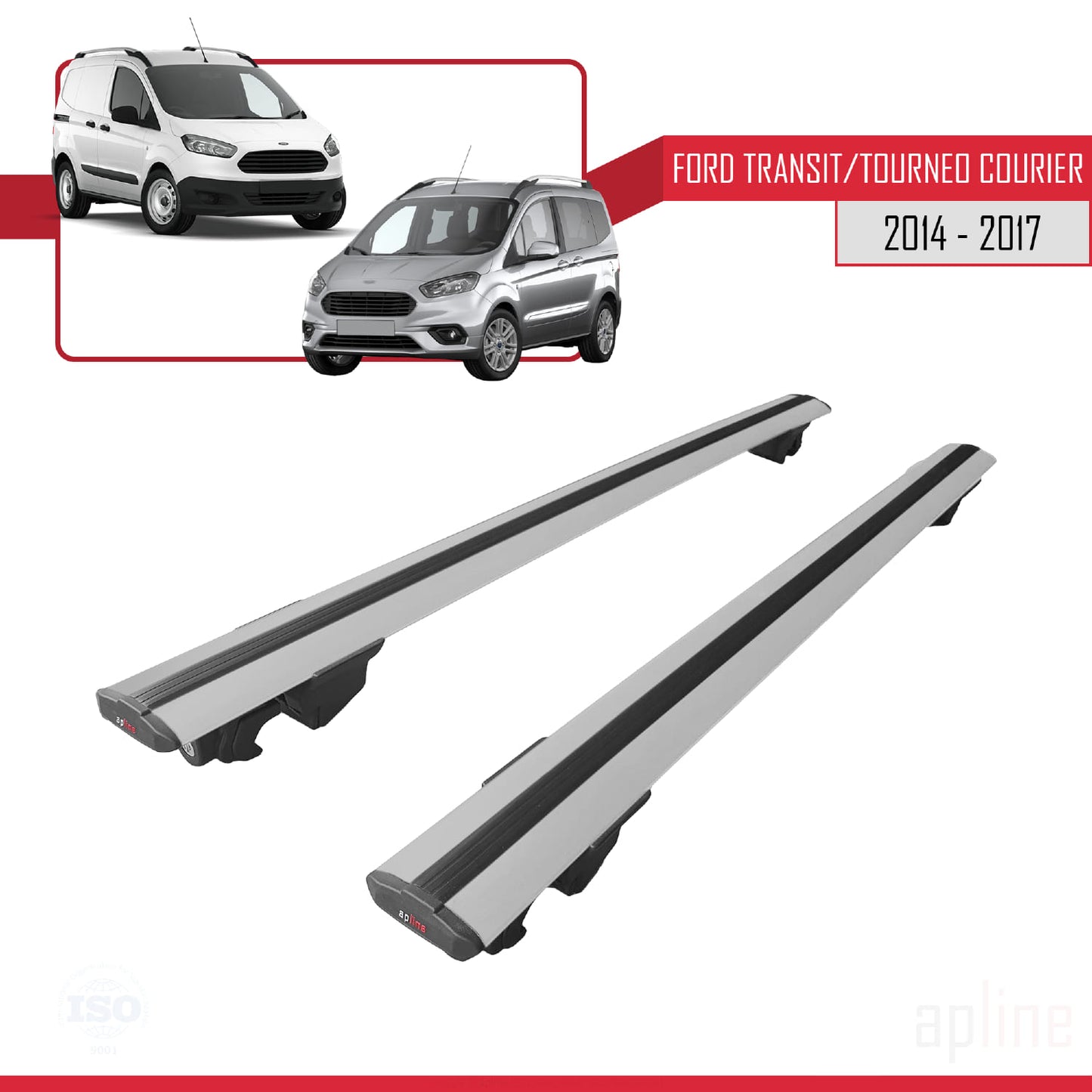 Compatible avec Ford Transit/Tourneo Courier Pre-Facelift 2014-2017 HOOK Model Barres de Toit Railing Porte-Bagages de Voiture Gris Aluminium 2 Barres
