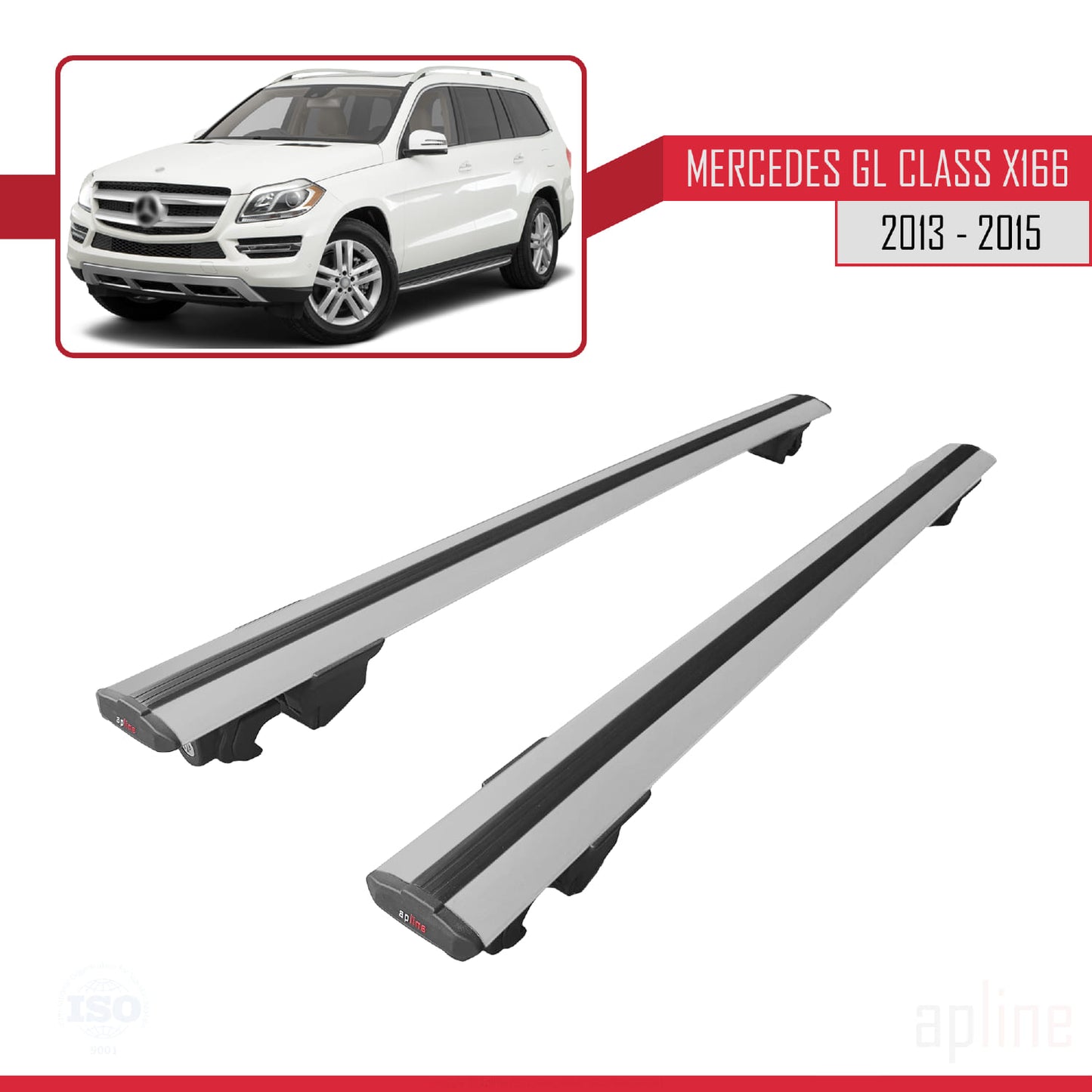 Compatible with Mercedes GL Class 2 (X166) 2013-2015 HOOK Model Car Roof Rack Cross Bar Grey Aluminium 2 Bars