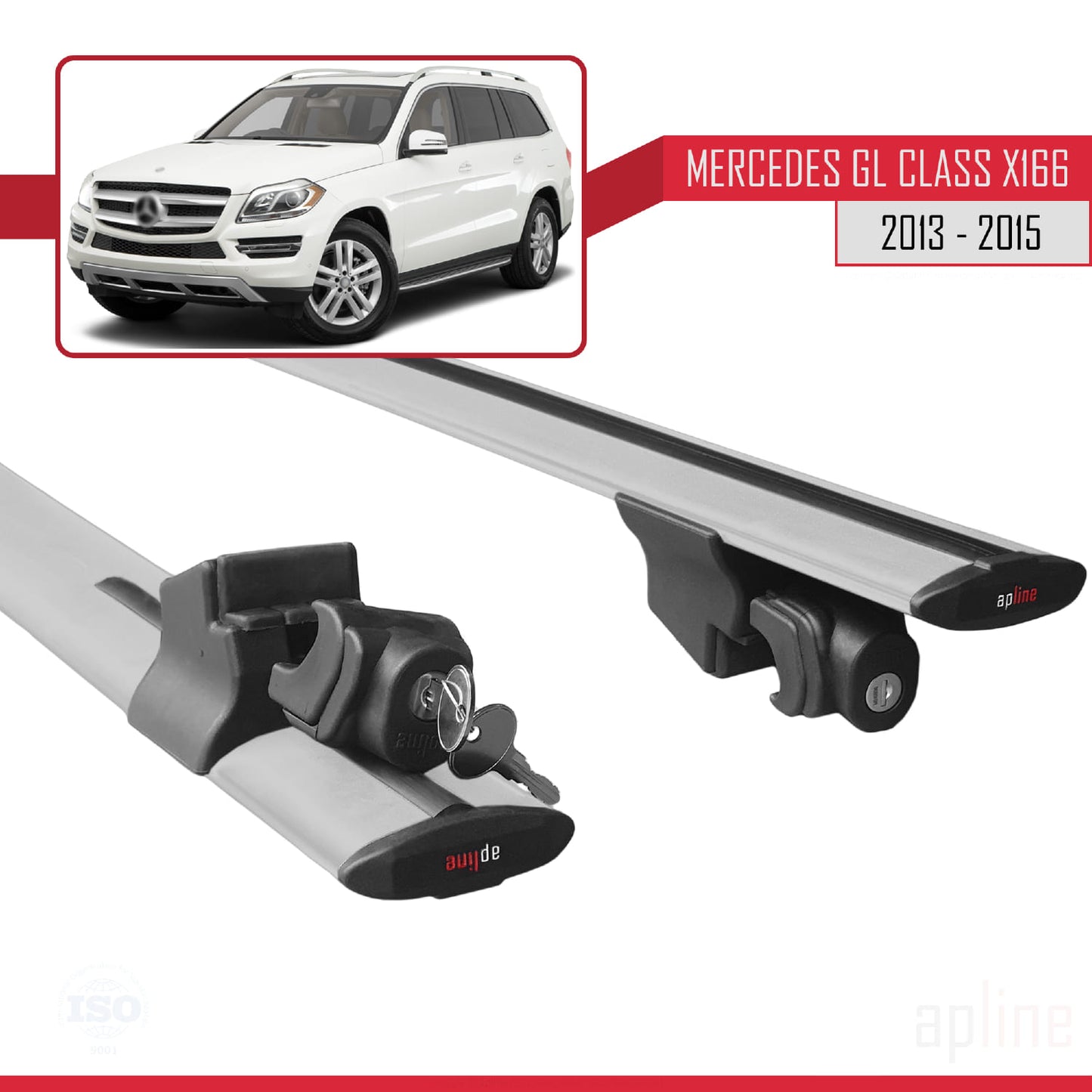 Compatible with Mercedes GL Class 2 (X166) 2013-2015 HOOK Model Car Roof Rack Cross Bar Grey Aluminium 2 Bars