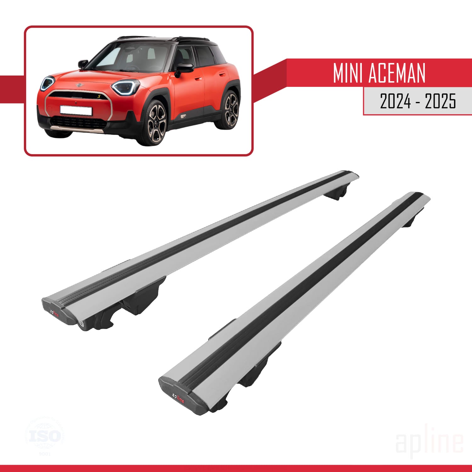 Compatible avec Mini Aceman SE 2024-2025 HOOK Model Barres de Toit Railing Porte-Bagages de Voiture Gris Aluminium 2 Barres