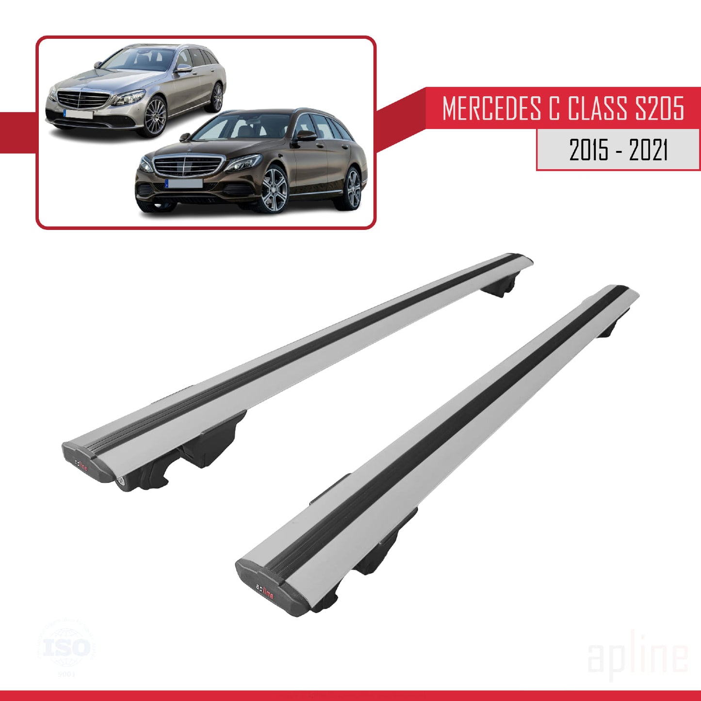 Compatible avec Mercedes Classe C 4 (S205) 2015-2021 HOOK Model Barres de Toit Railing Porte-Bagages de Voiture Gris Aluminium 2 Barres