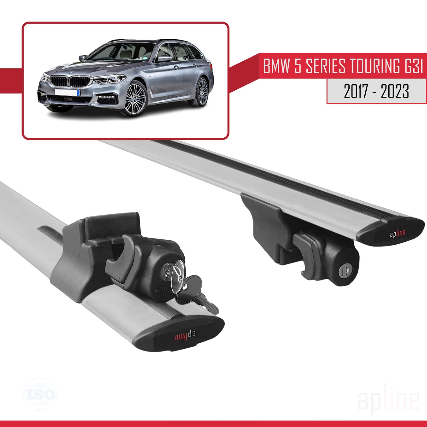 Compatible avec BMW Série 5 (G31) Touring 2017-2023 HOOK Model Barres de Toit Railing Porte-Bagages de Voiture Gris Aluminium 2 Barres