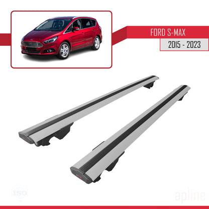 Compatible avec Ford S-Max 2 (CD539) 2015-2023 HOOK Model Barres de Toit Railing Porte-Bagages de Voiture Gris Aluminium 2 Barres