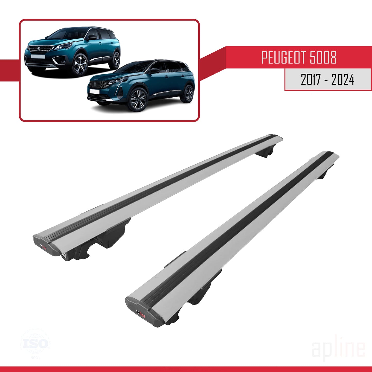 Compatible with Peugeot 5008 II (P87) 2017-2024 HOOK Model Car Roof Rack Cross Bar Grey Aluminium 2 Bars